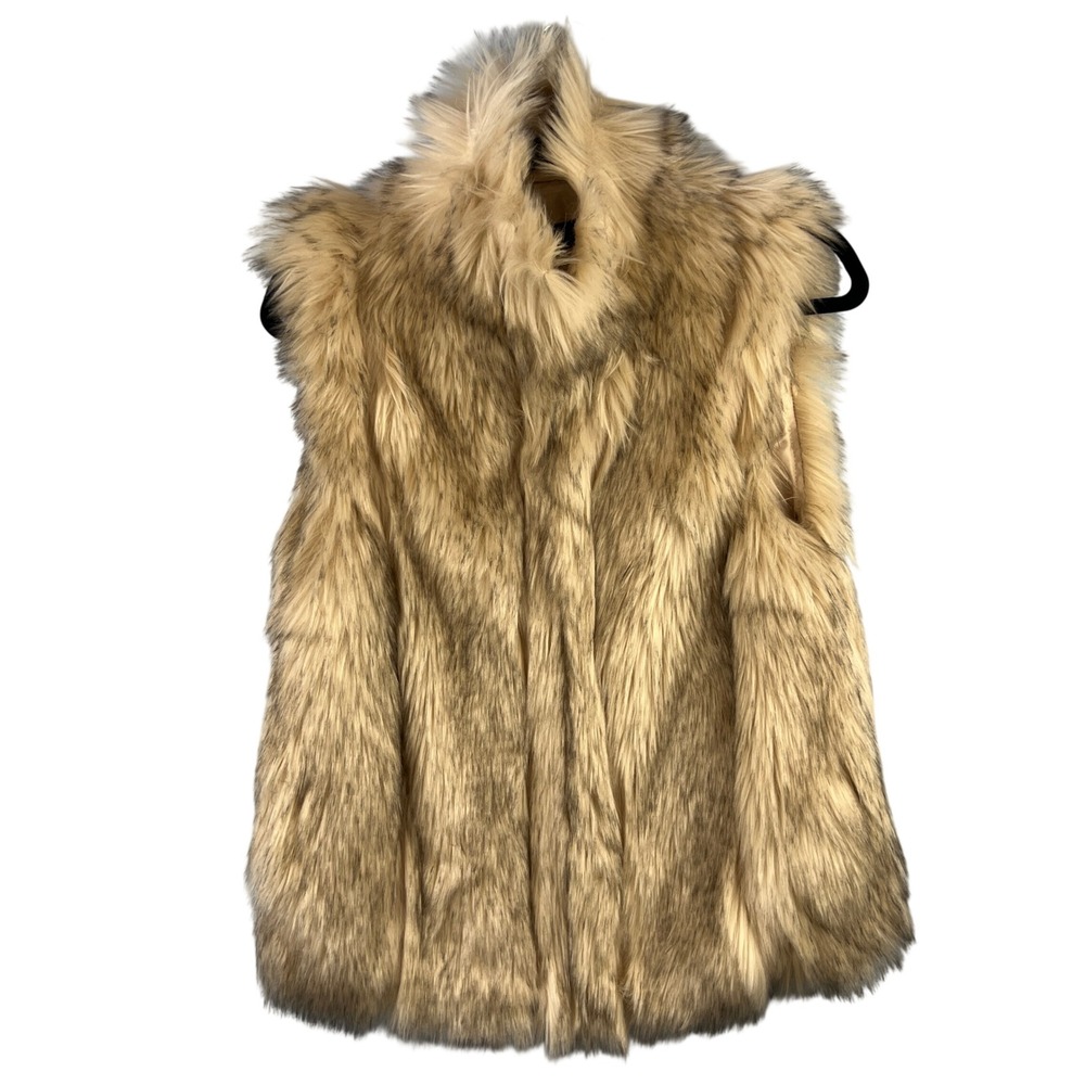 Top Shop Faux Fur Vest Gilet Neutral Tan Cream Size 4 High Neck Shaggy NWT‎